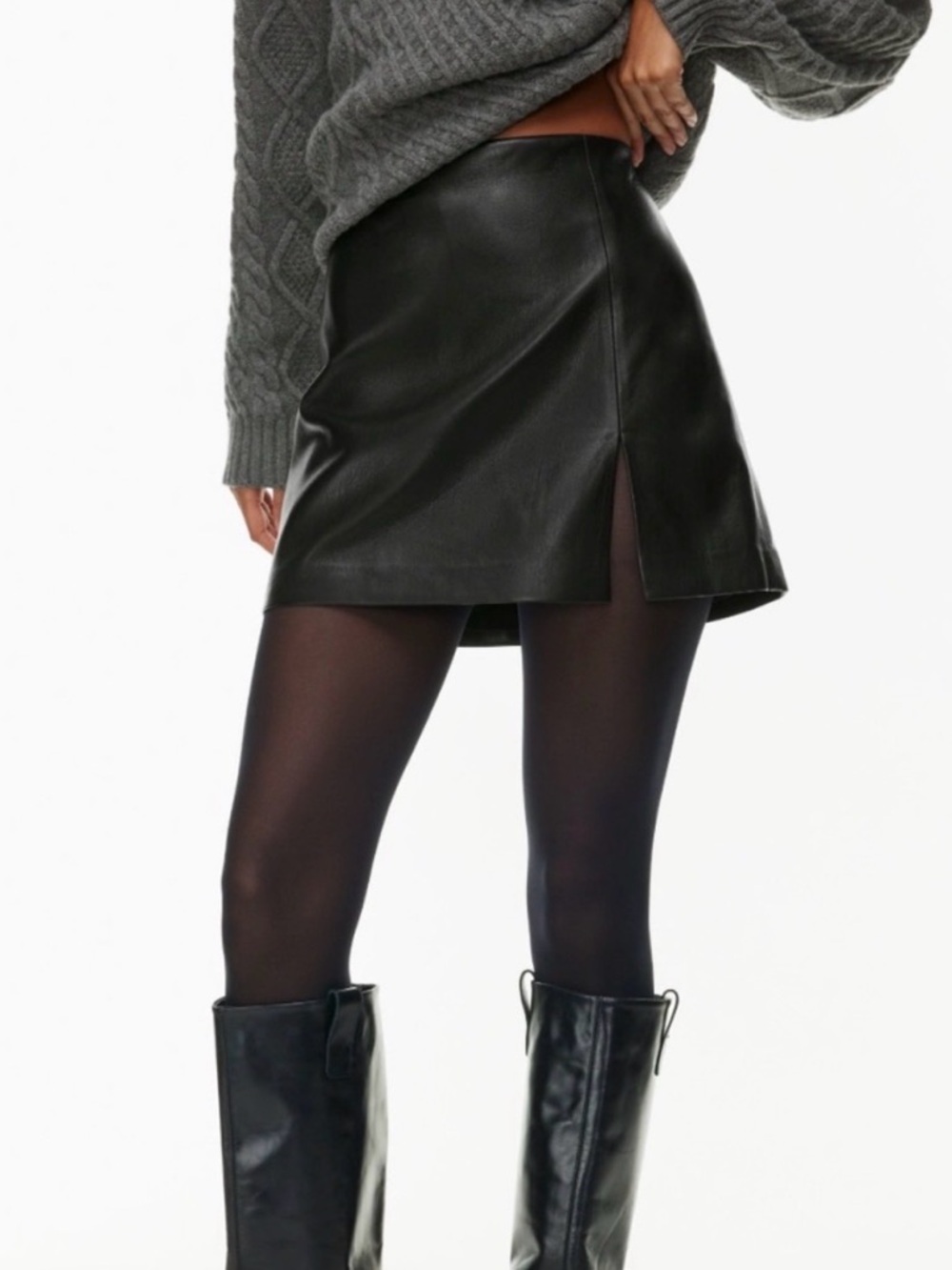 Aritzia Black Faux Leather Mini Skirt with Front Slit